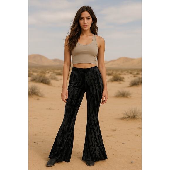 TEMPLE RO Peace 4 All Beings Everywhere Black Velvet Bell Bottom Flare Pants S - Picture 1 of 8